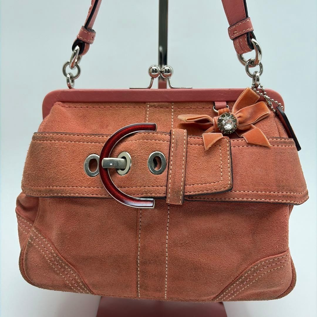 Vintage COACH 8A25 Soho Kisslock Suede Handbag Pink Ribbon Bow Y2K Rare No Box image 2