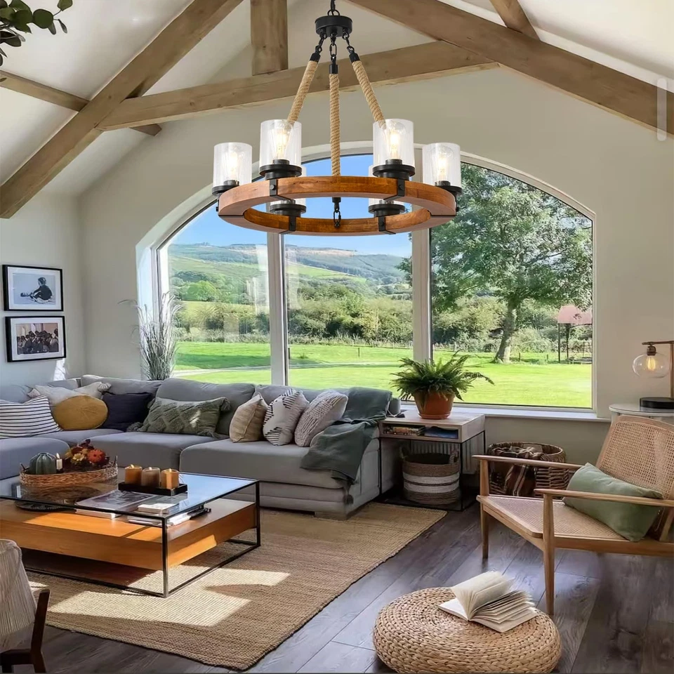 Lámpara de araña de madera para rueda de vagón de 6 luces con vidrio sembrado... Foto 2 de 4