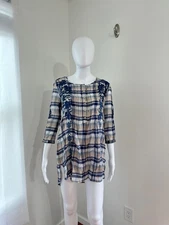 Johnny Was Plaid Tunic Top Blue Embroidered Boho Peasant Blouse Cottagecore XS