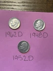1962D ,1948D , 1952D Roosevelt Dimes , 90% Silver Lot Sale, Lot Sale Of 3 Coins