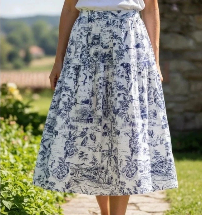 Joie 100% Linen Toile Midi Skirt Blue White Cottage Beach Tropical Print - M
Opens in a new window o