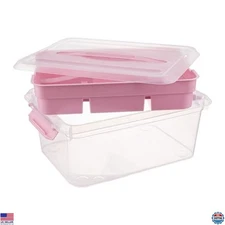 20 QT Clear Plastic Storage Box with Tray - Pink Craft Organizer & Bin with Lid