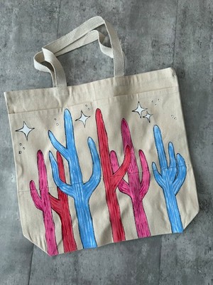 Hand Painted Canvas Tote Bag Colorful Cactus Washable   One of a Kind