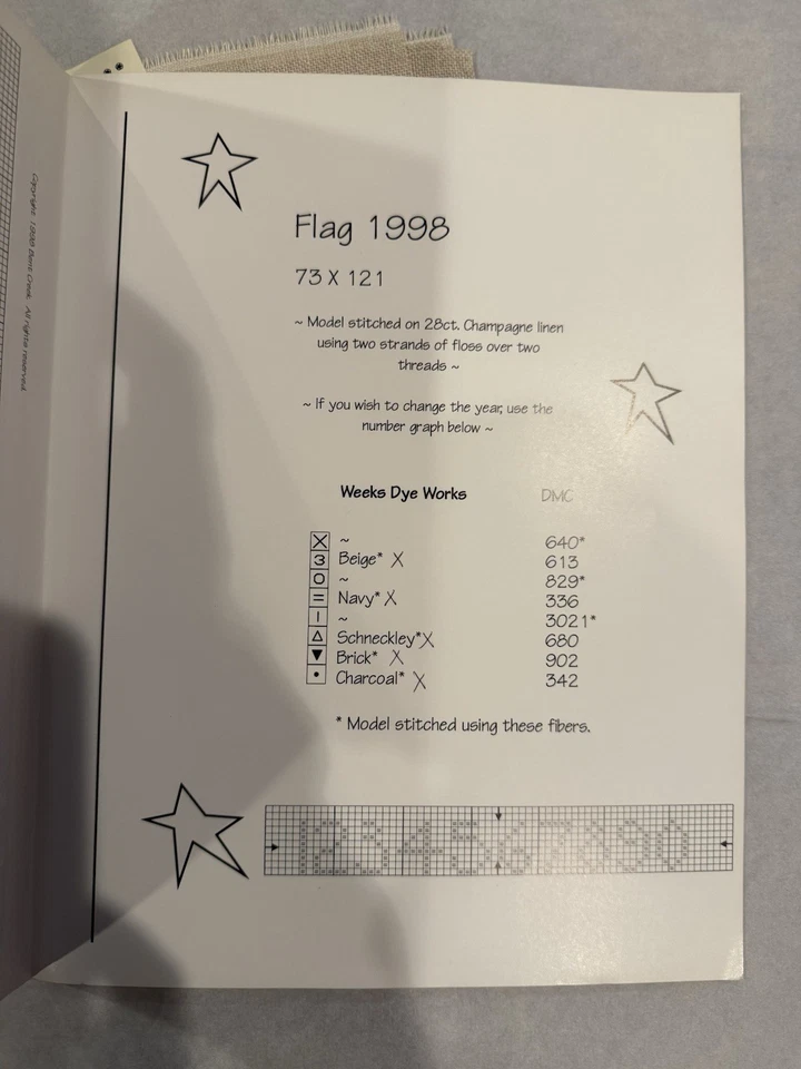 Bent Creek FLAG 1998 Cross Stitch Americana Patriotic Pattern and Fabric - Image 3 of 4