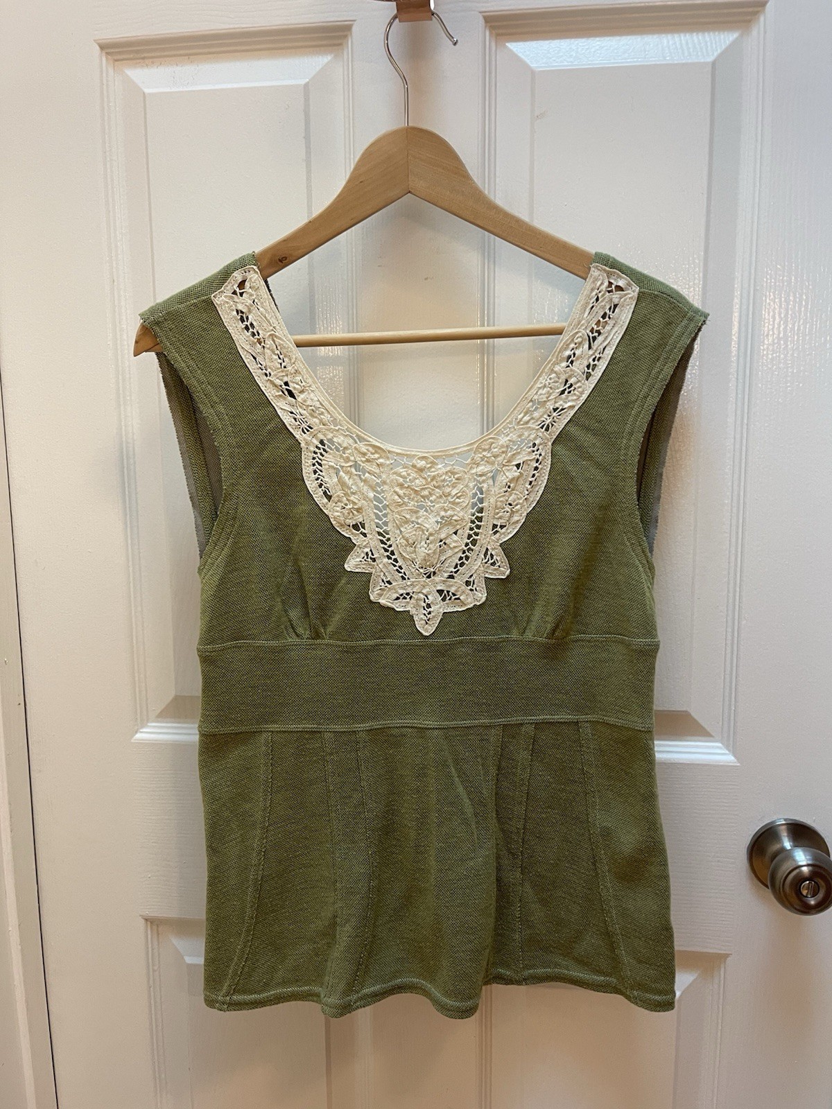 Vintage Free People Chartreuse Tweed Lace Detail Tank Top L Boho Fairy