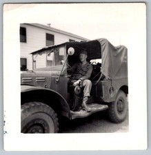 Vtg B W Snapshot Smiling Soldier in Military Uniform Army Truck Base Detail 1948
