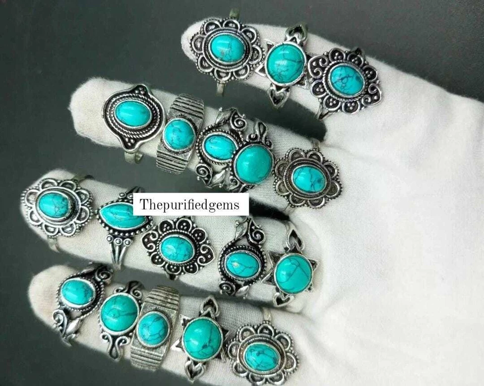 Lote de anéis de pedra preciosa turquesa 925, anéis de preocupação, joias por atacado, lote de anéis hippie ~ - Imagem 3 de 3