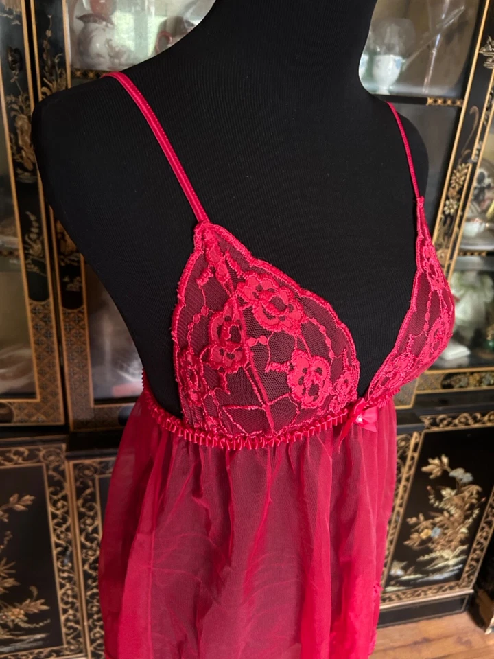 Vtg Frederick's Of Hollywood Red Mesh Babydoll Slip dress W/ Slit Lingerie Sz M - Imagem 3 de 4