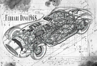 Line Tech Zeichnung Ferrari Dino 196S Cutaway Kunst Posterdruck