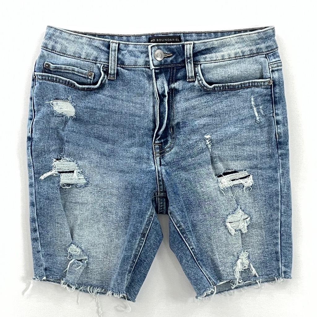 No Boundaries Mens Denim Shorts Blue Stretch Pockets Distressed Frayed Hem  30