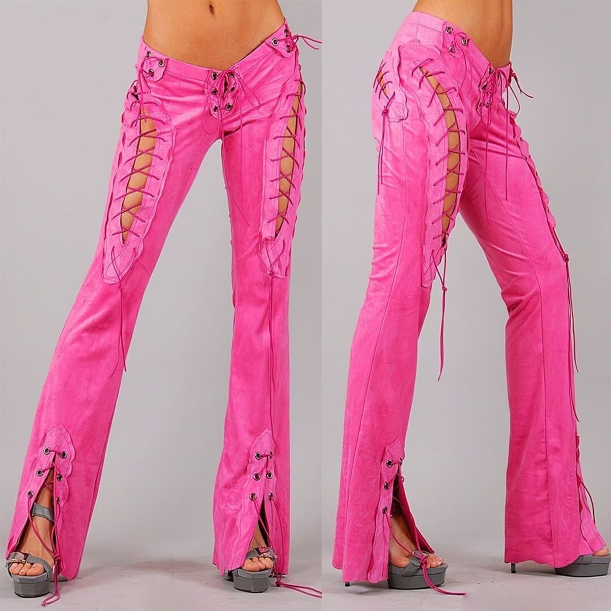 Women's Lace Up Pink Leather Pants. 2023 Real Soft Sheepskin Women's Lace Up Pink Leather Pants. 2023 Real Soft Sheepskin