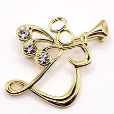 Angel Blowing Trumpet Rhinestone Tipped Wings Shiny Gold Tone Vintage Brooch Pin