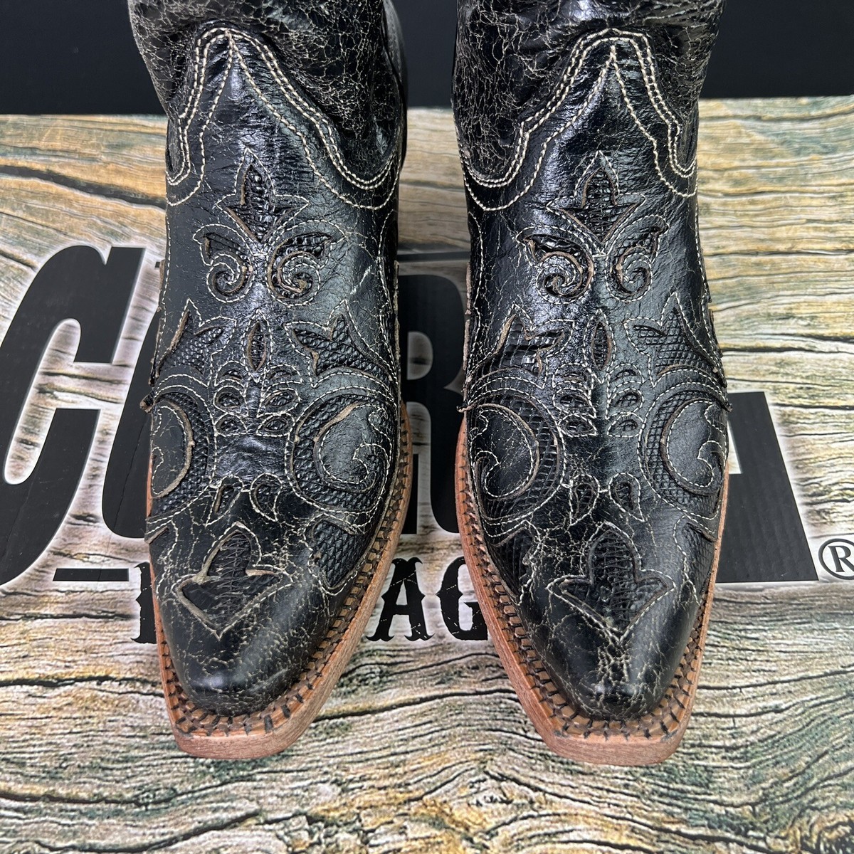 Corral Vintage C2155 Lizard Black Distressed Western Inlay Boots Men’s Size  D9 MEN main image 3