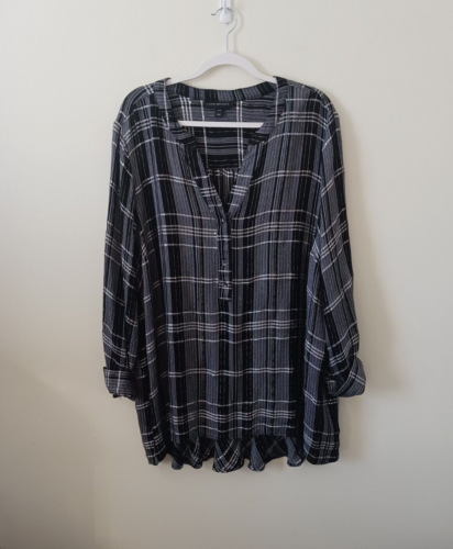 Lane Bryant Damen Bluse Oberteil Gr. 26/28 schwarz grau metallic kariert Langarm
