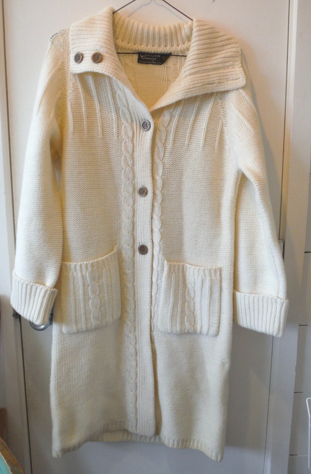 OFF WHITE Cappotto Maglione Lungo Vintage Naturale Lana Vergine Bianca Isole del Nord P6018