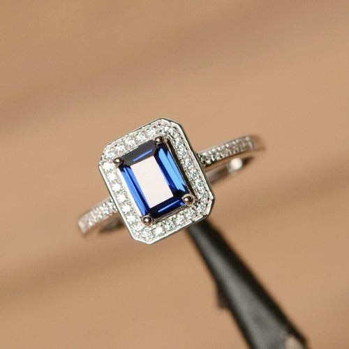 1.31 Ct Emerald Cut Sapphire Lab-Created Wedding Halo Ring 925 Sterling Silver - Picture 2 of 7