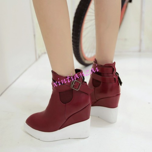 Womens Wedge Heel Platform Buckle Pointy Toe Ankle Boots Oxford Shoes Leather - Picture 4 of 15