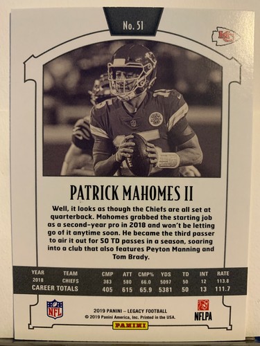 PATRICK MAHOMES II - 2019 Panini Legacy Football #51 Kansas City Chiefs (i206) - Picture 2 of 2