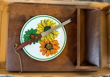 Vintage Wood Cheese/Crackers Tray w/ Tile Knife Cutting Board Snack Charcuterie
