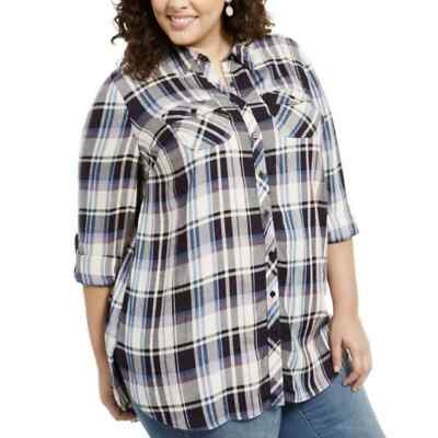 New Style & Co Womans Plus Sz 0X 14W Plaid Shirt Parkside Purple Button NWT