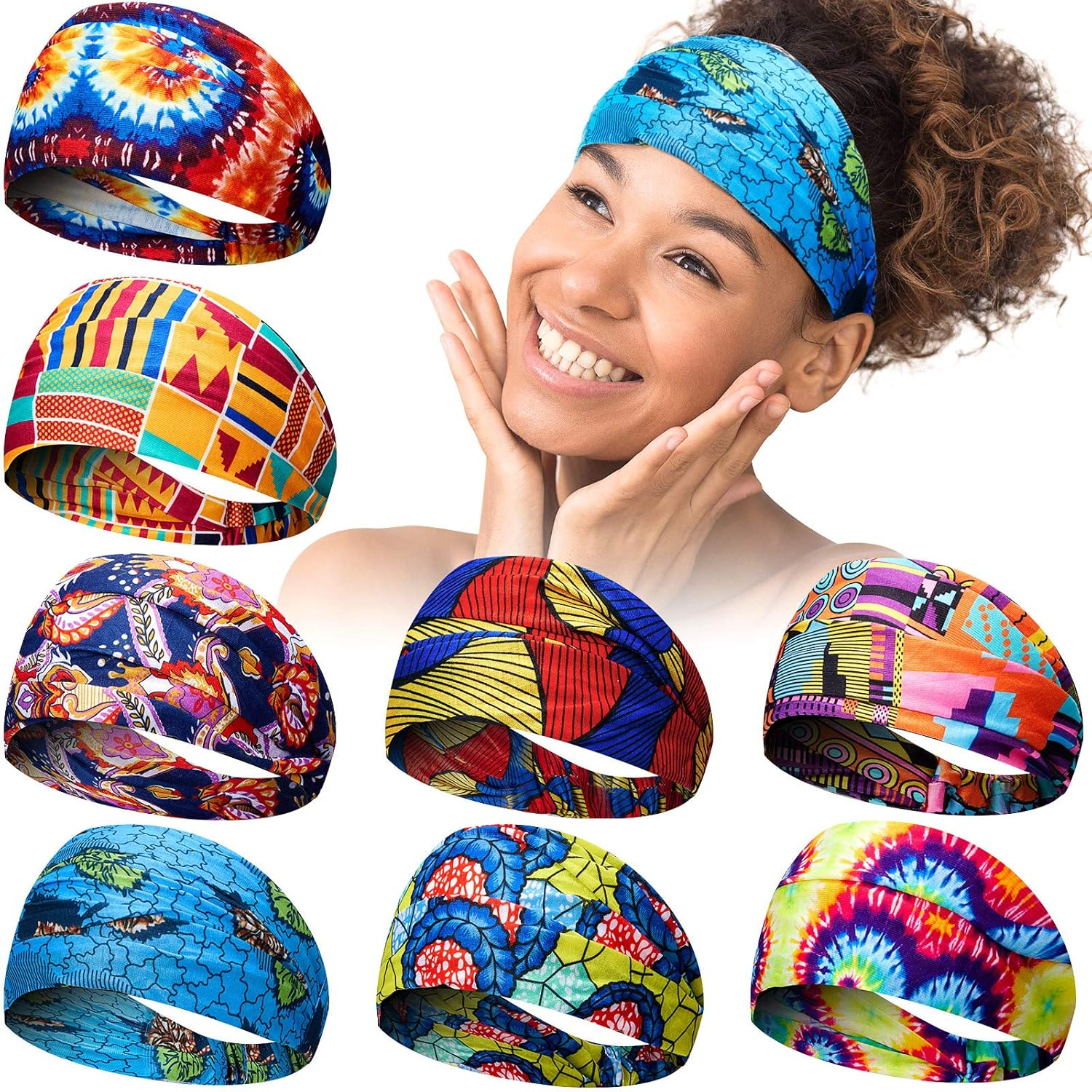 8 Pieces African Headband Stretchy Boho Print Headband Yoga Sports Workout Wide