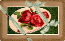 Postcard Easter Greetings White Egg & Red Roses Bound by Blue Ribbon 1911  13522