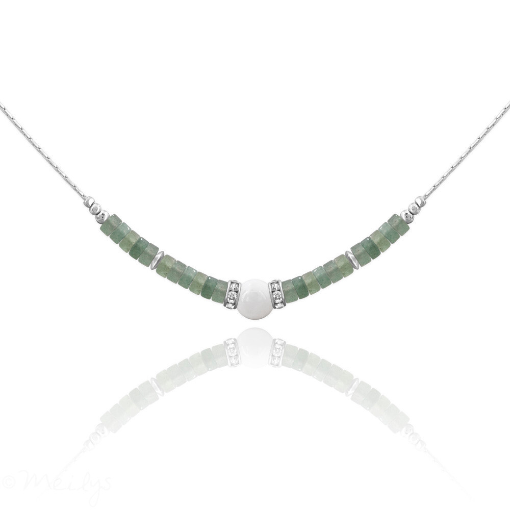 Collier Aventurine pierre de lune ras de cou femme acier inoxydable mailles fines