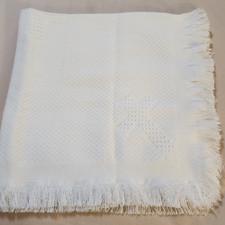 Baby Blanket Baptism Christening Knit Crosses Fringe 38x39" White/Off-White