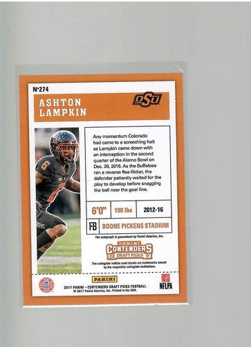 ASHTON LAMPKIN COLLEGE TICKET ROOKIE AUTO 2017 PANINI ANWÄRTER DRAFT FUSSBALL - Bild 2 von 2