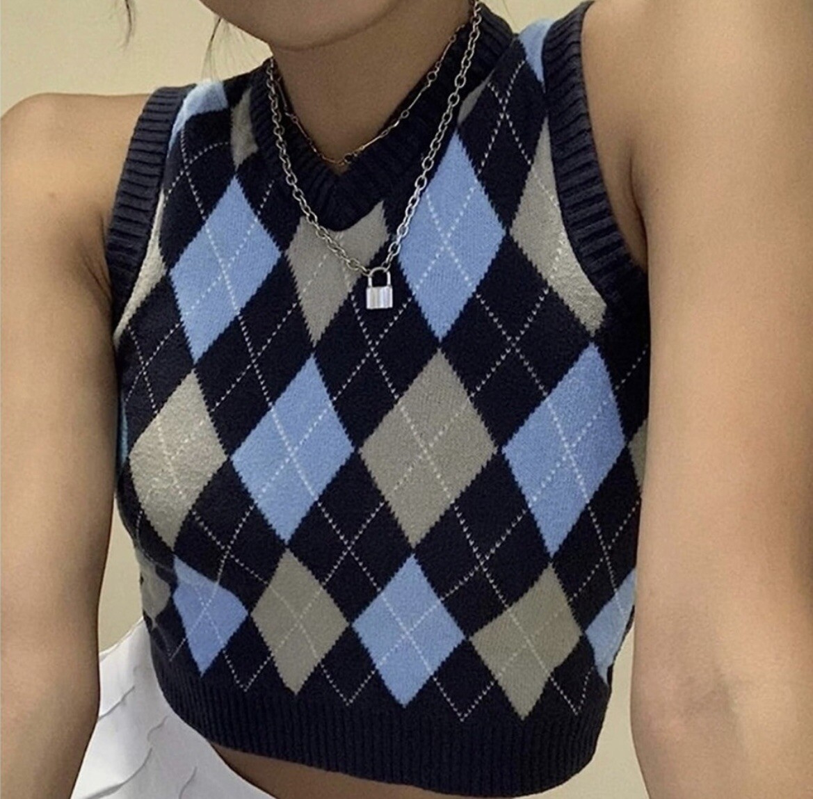 Navy Plaid Cropped Sweater Tank Top S