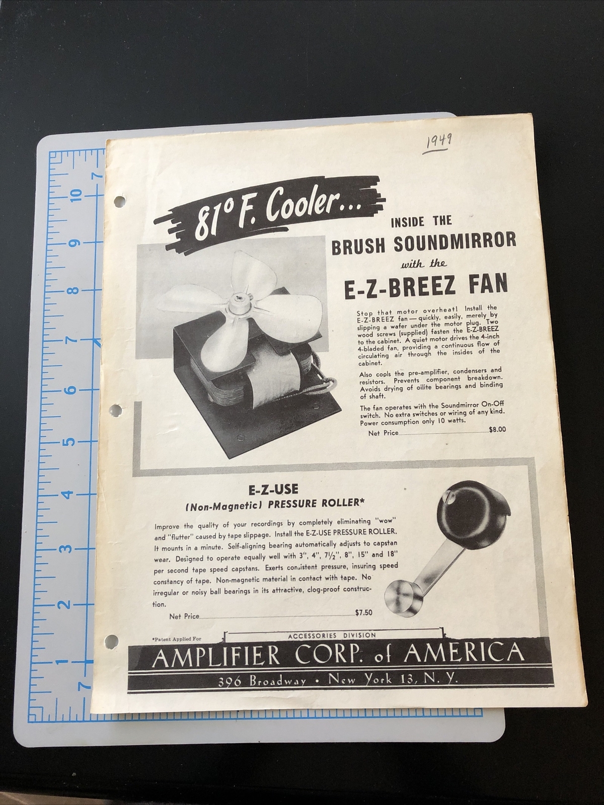 1949 BRUSH SOUNDMIRROR SOUNDMIRROR REEL TAPE RECORDER e-z ROLLER FAN ADVERTISING
