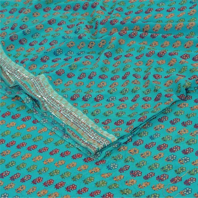 Sanskriti Vintage Saree Green Pure Crepe Silk Embroidery-Print Sari 5.5+YdFabric