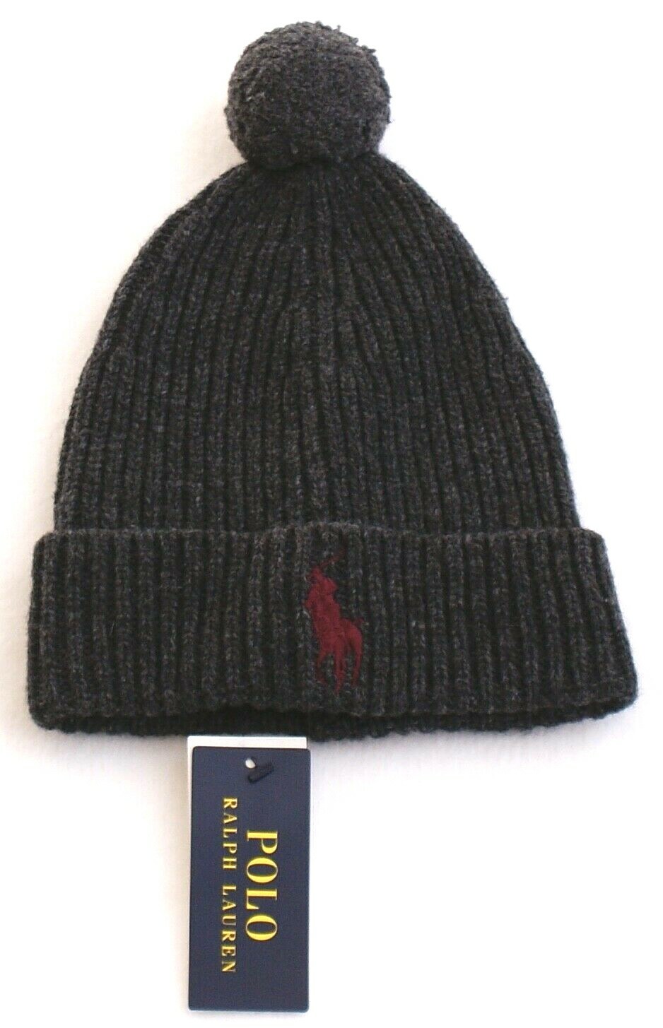 Polo Ralph Lauren Gray Wool Blend Cuff Pom Beanie Burgundy Pony Adult One Size