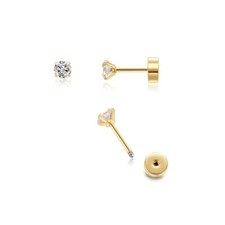 3mm Tiny CZ Screw on 14k Gold Flat Back Cubic Zirconia Stud Earrings