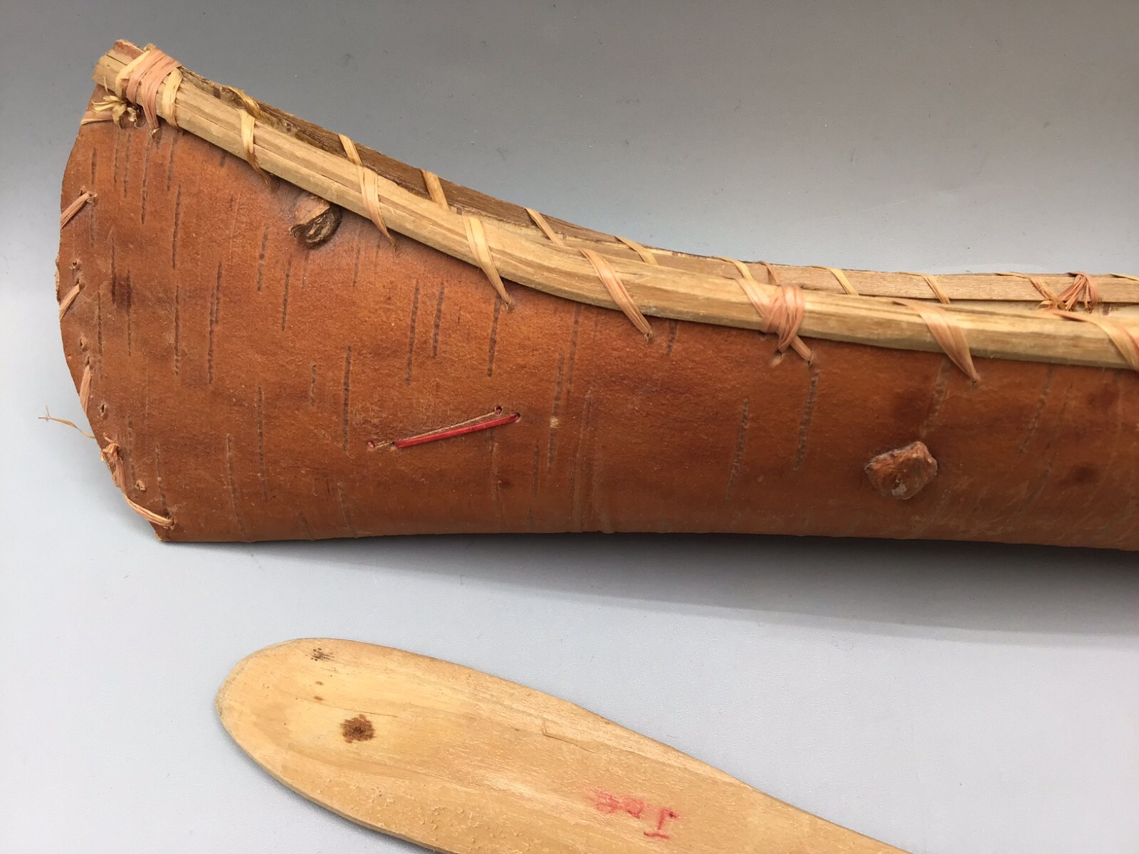 vtg birchbark canoe 12" quill decorated & signed 10" oar paddle Golden