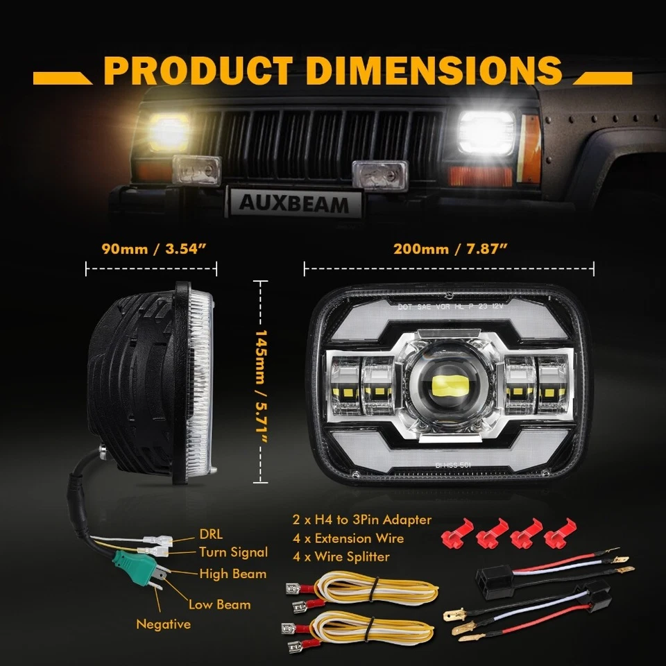 Auxbeam 7x6 英寸 LED 车头灯 高/低光束 DRL 适用于庞蒂亚克凤凰 1977 - 1984 — 第 4/4 张图片