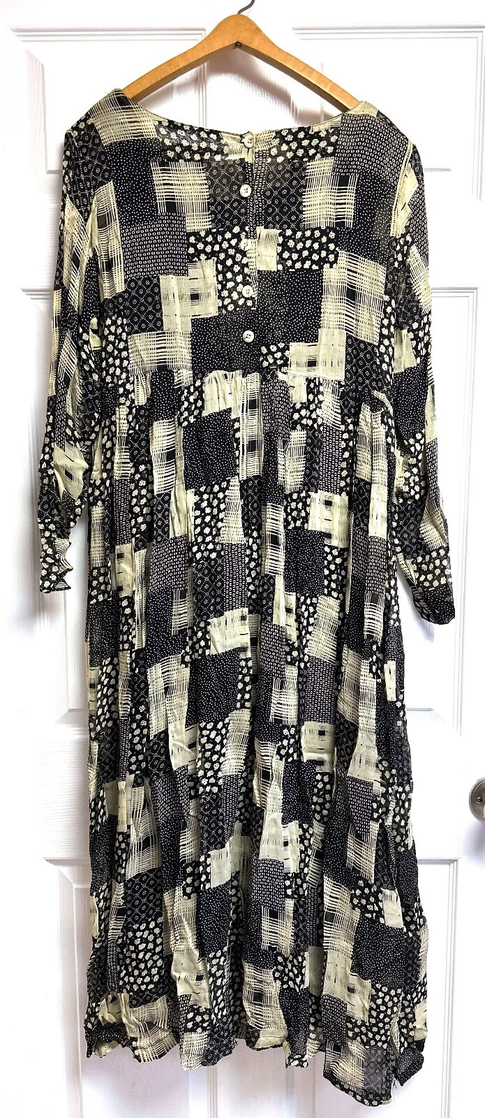 OFF WHITE Abito vintage anni 90 Santa Fe rayon garza stropicciato nero bianco sporco patchwork MEDIA