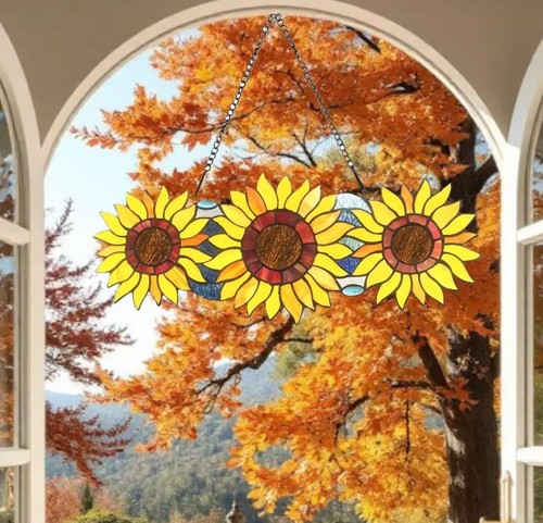 22" Girasol Trío Estilo Tiffany Vitral Floral Ventana Panel Atrapasol - Imagen 6 de 11