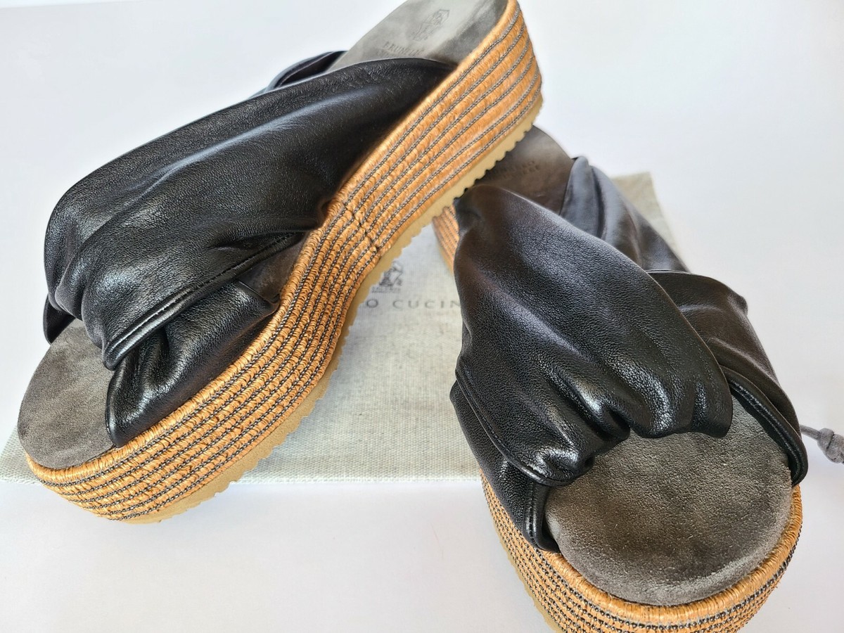 NEW Brunello Cucinelli Monili Raffia Platform Slide Leather