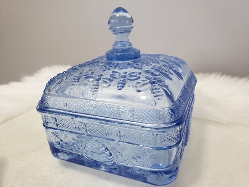 3 Tiara Glass Honey Bee Hive Covered Footed Candy Dish Ice Blue Regal Royal - Picture 6 of 14