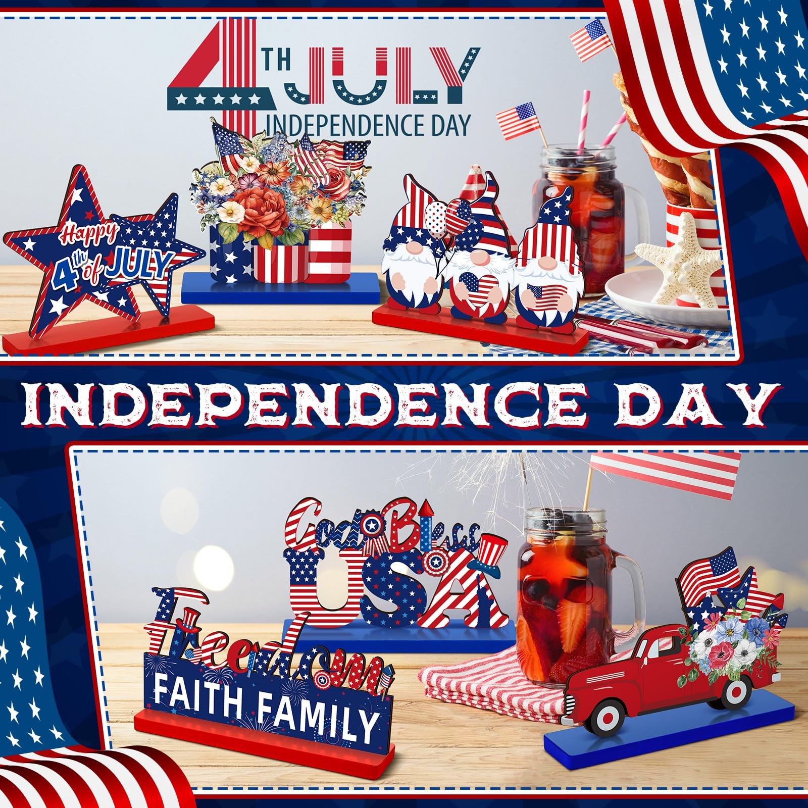 как выглядит 6 Pcs 4th of July Wooden Table Decor Patriotic Table Centerpiece Sign Indepen... фото
