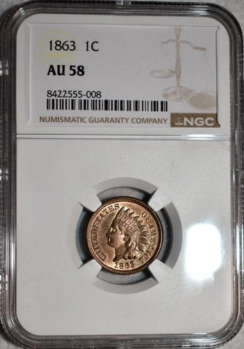 NGC AU-58 1863 Indian Head Cent, Blazing, Golden specimen, Looks UNC!