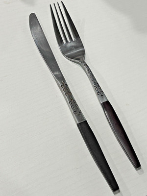 Interpur Stainless Japan Dinner Fork & Knife Wood Handle Scroll Canoe Heart MCM