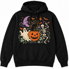 Halloween Black Cat Ghost Pumpkin Skeleton Black Hoodie Retro Spooky Gift