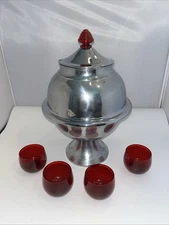 Vintage 1930s Art Deco Lehman Bros Chrome Barware Punch Bowl & Red Blown Cups