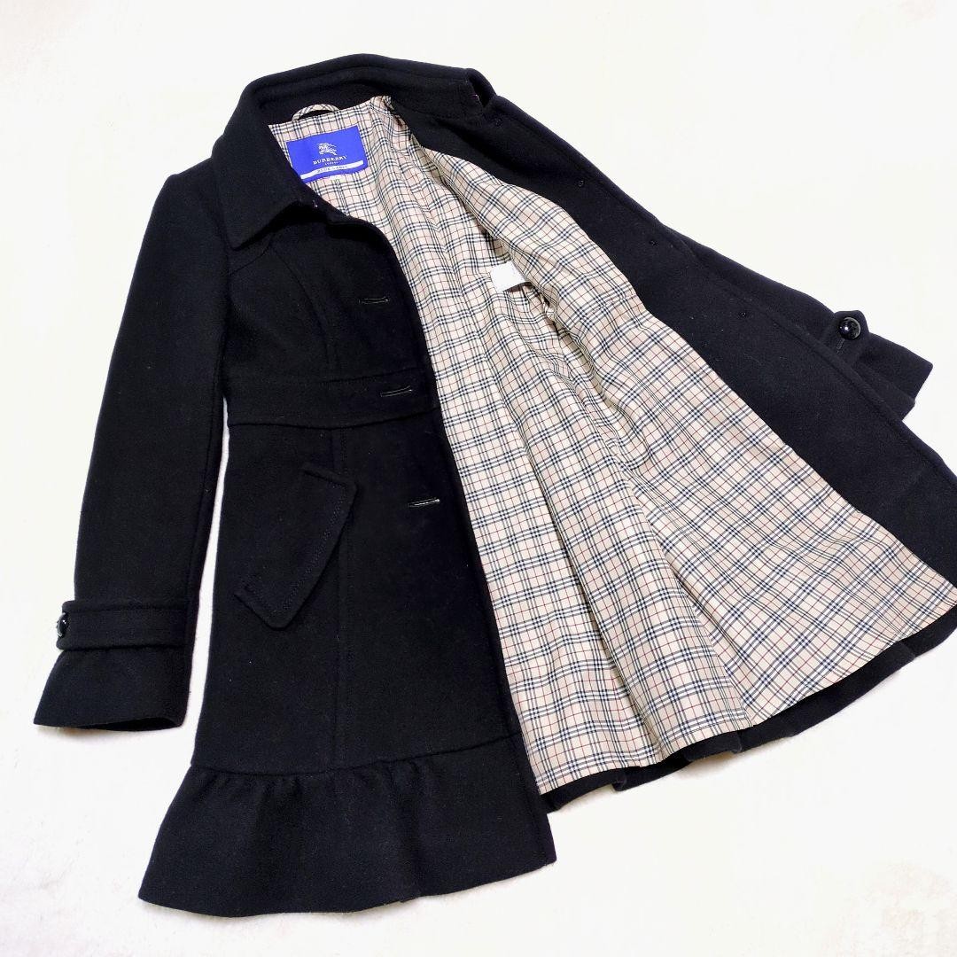 Burberry Blue Label Ruffle Hem Wool Long Coat Black Used Rare image 3