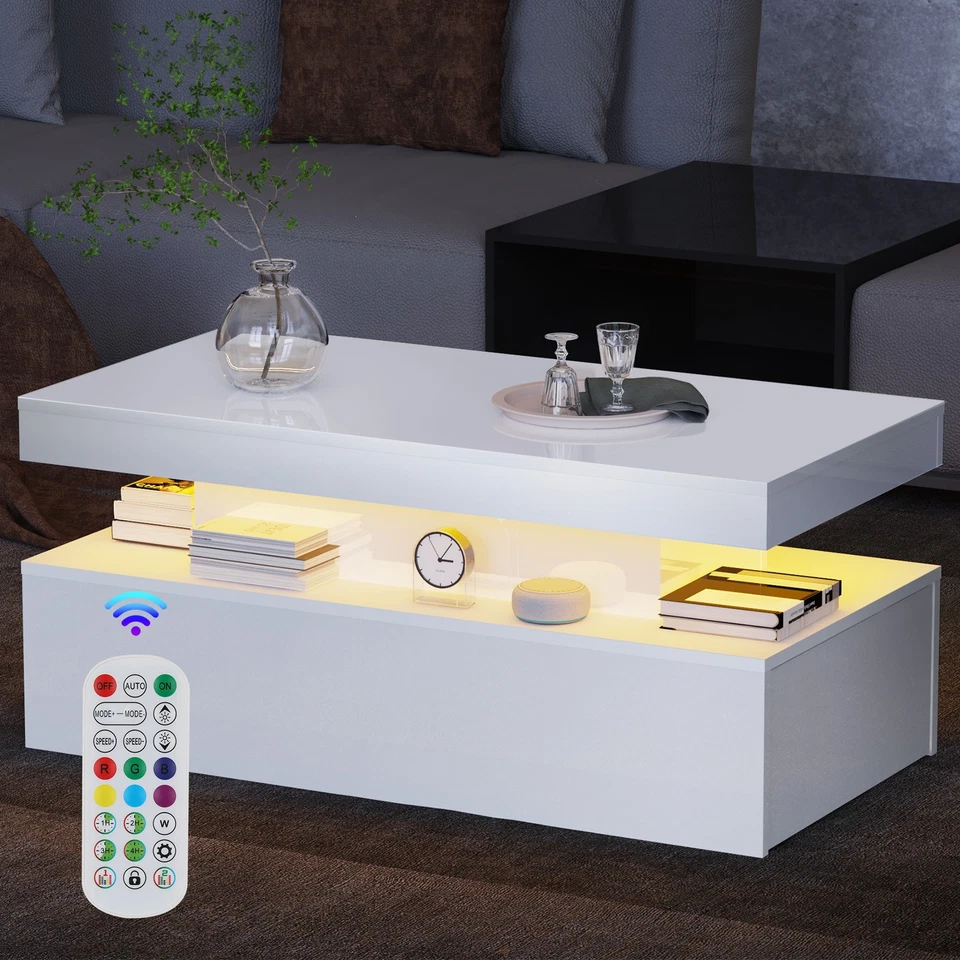 Couchtisch mit LED Leuchte Kaffeetisch Wohnzimmer Sofatisch mit Stauraum Weiß Jk - Bild 2 von 4