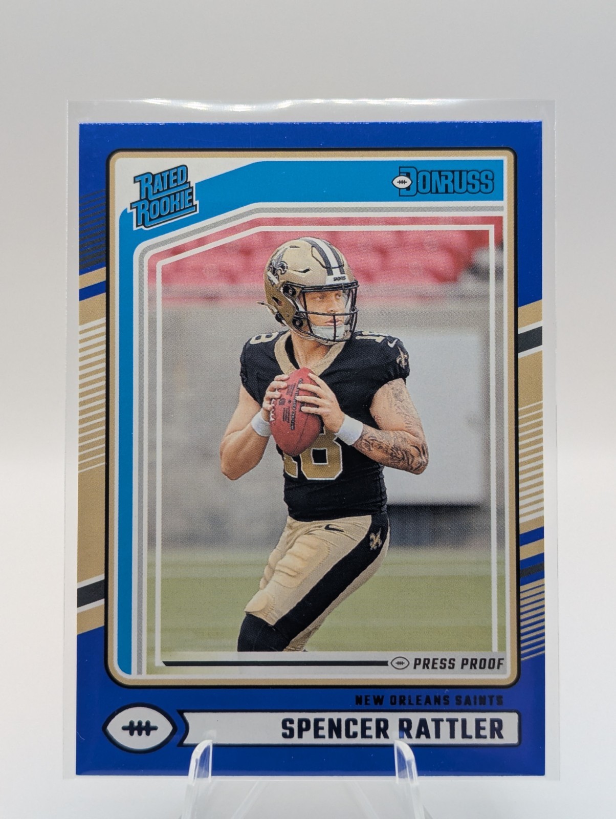 2024 Panini Donruss Rated Rookie Blue Press Proof Spencer Rattler #359 RC Saints