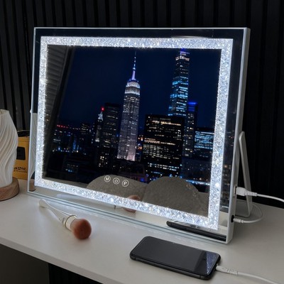 50x40cm Sparkle Diamond LED Vanity Mirror,3 Modes Magnifier Foldable Wall Mount