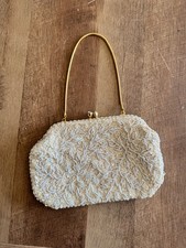 Vintage 60s White Ivory Beaded Purse Evening Bag Gold Chain Retro Clamshell